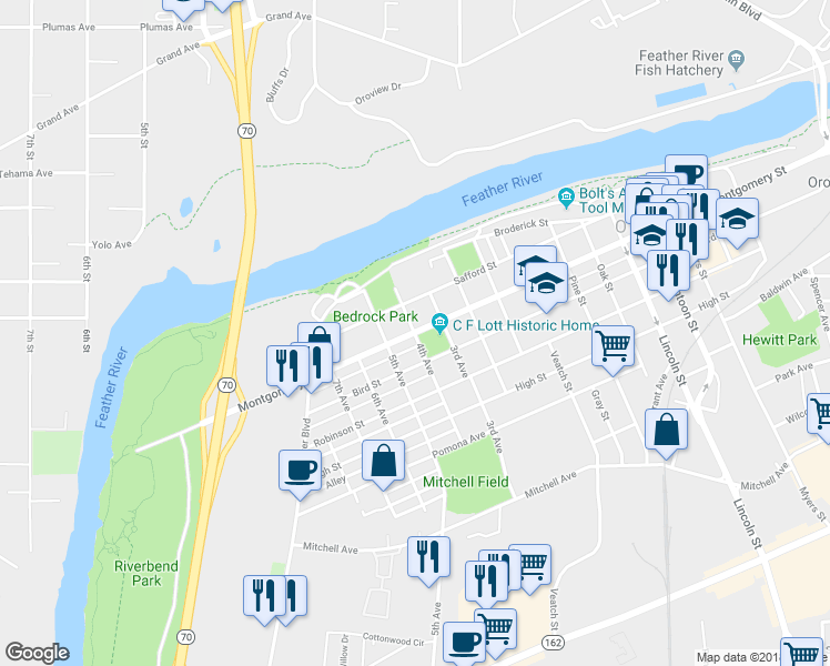 map of restaurants, bars, coffee shops, grocery stores, and more near Montgomery Street & 4th Avenue in Oroville