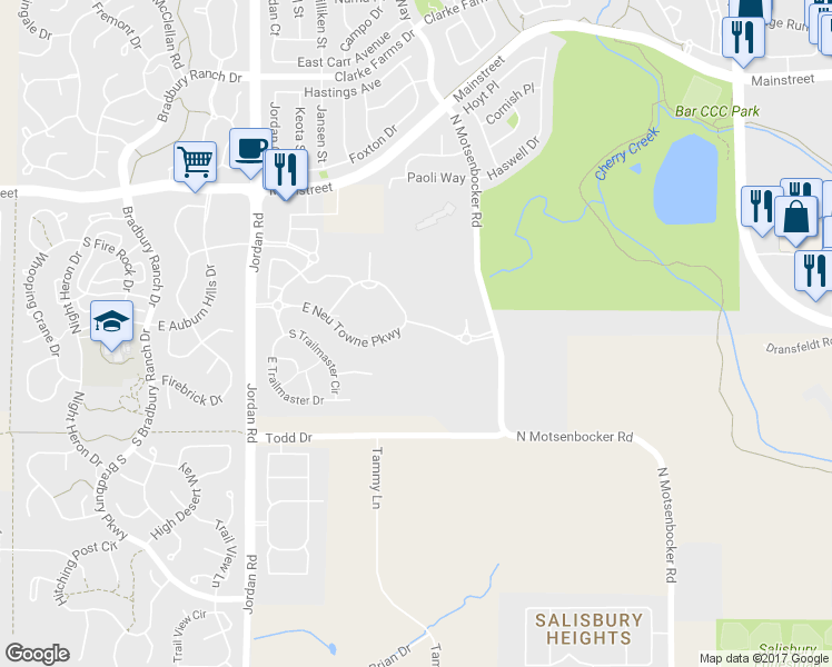 map of restaurants, bars, coffee shops, grocery stores, and more near 17492 East Neu Towne Parkway in Parker