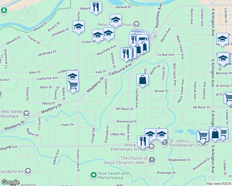 map of restaurants, bars, coffee shops, grocery stores, and more near 1355 Palisade Drive in Reno