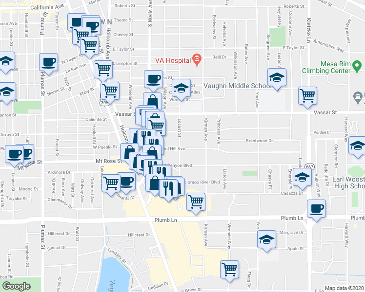 map of restaurants, bars, coffee shops, grocery stores, and more near 1520 Locust Street in Reno