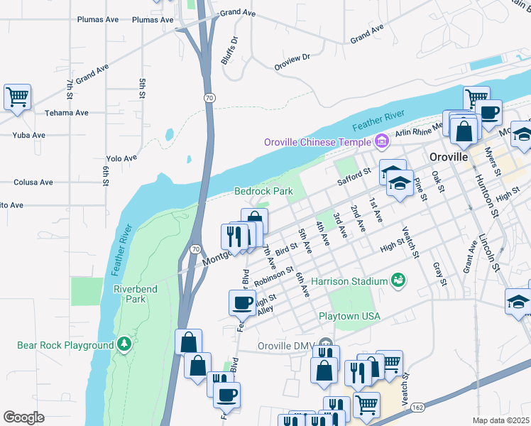 map of restaurants, bars, coffee shops, grocery stores, and more near 730 Montgomery Street in Oroville
