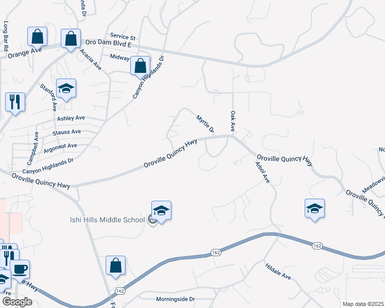 map of restaurants, bars, coffee shops, grocery stores, and more near 12 Linda Loma Drive in Oroville