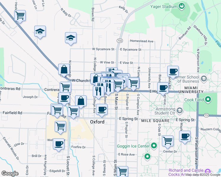 map of restaurants, bars, coffee shops, grocery stores, and more near 20 West High Street in Oxford