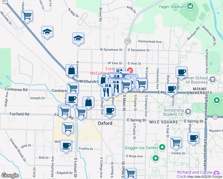 map of restaurants, bars, coffee shops, grocery stores, and more near 11 South Beech Street in Oxford