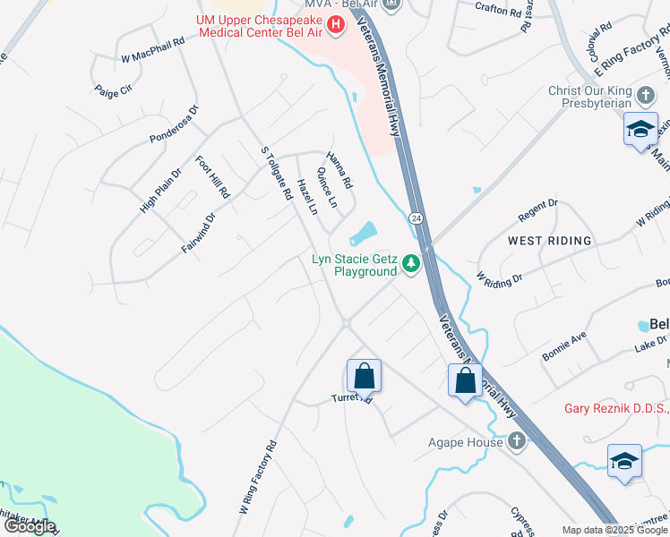 map of restaurants, bars, coffee shops, grocery stores, and more near 507 Hanna Road in Bel Air