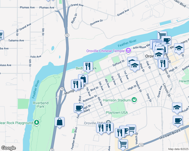 map of restaurants, bars, coffee shops, grocery stores, and more near 863 Safford Street in Oroville