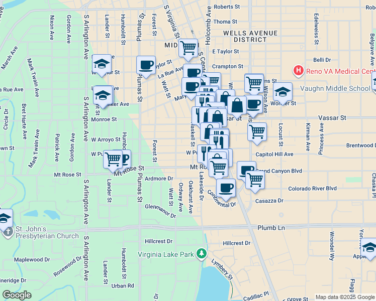 map of restaurants, bars, coffee shops, grocery stores, and more near 215 West Pueblo Street in Reno