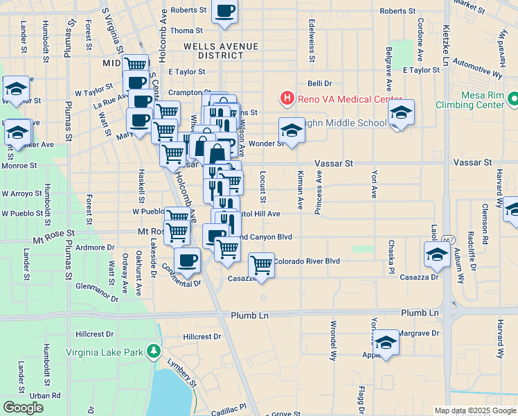 map of restaurants, bars, coffee shops, grocery stores, and more near 499 Capitol Hill Avenue in Reno