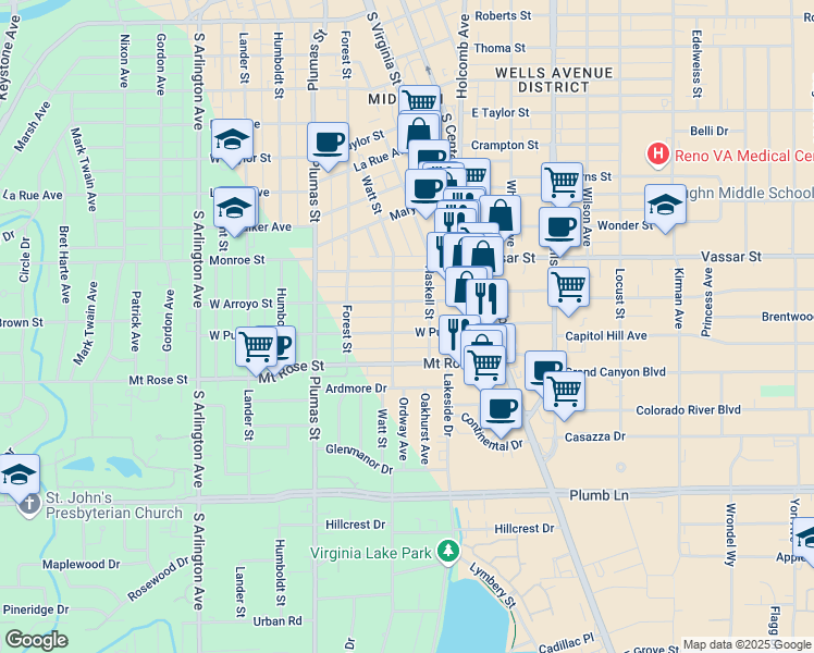 map of restaurants, bars, coffee shops, grocery stores, and more near 2 West Arroyo Street in Reno