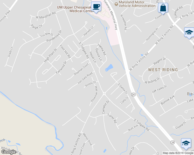 map of restaurants, bars, coffee shops, grocery stores, and more near 1205 South Tollgate Road in Bel Air