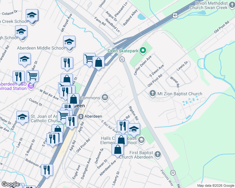 map of restaurants, bars, coffee shops, grocery stores, and more near 10 Wilson Avenue in Aberdeen