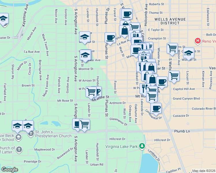 map of restaurants, bars, coffee shops, grocery stores, and more near 395 West Arroyo Street in Reno