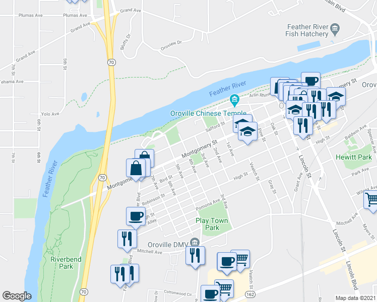 map of restaurants, bars, coffee shops, grocery stores, and more near 1029 Safford Street in Oroville