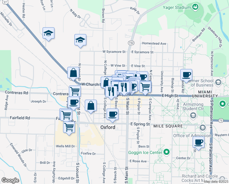 map of restaurants, bars, coffee shops, grocery stores, and more near 101 West Church Street in Oxford