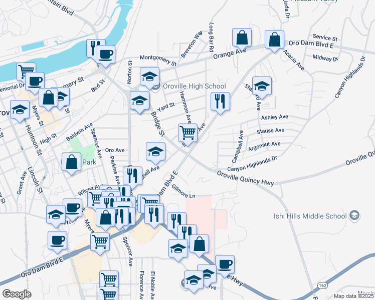 map of restaurants, bars, coffee shops, grocery stores, and more near 2257 Oro Quincy Highway in Oroville