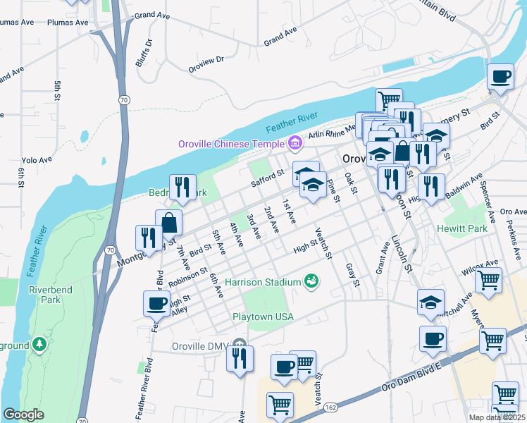 map of restaurants, bars, coffee shops, grocery stores, and more near 1350 2nd Avenue in Oroville