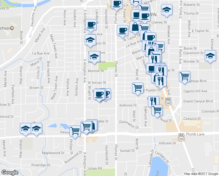map of restaurants, bars, coffee shops, grocery stores, and more near 500-550 West Arroyo Street in Reno