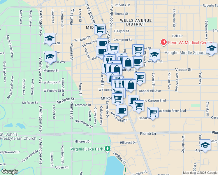 map of restaurants, bars, coffee shops, grocery stores, and more near 1278 South Virginia Street in Reno
