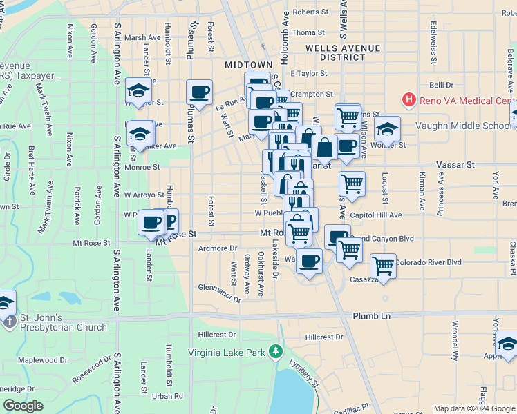 map of restaurants, bars, coffee shops, grocery stores, and more near in Reno