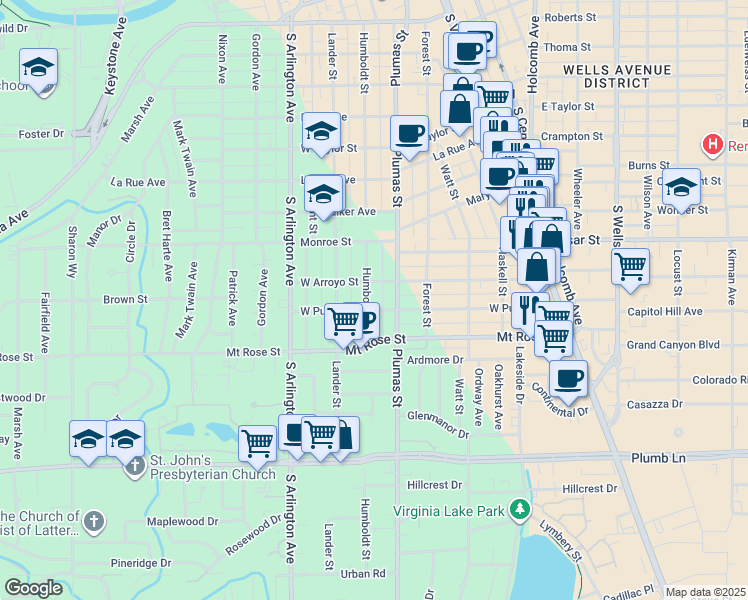 map of restaurants, bars, coffee shops, grocery stores, and more near 1295 Humboldt Street in Reno