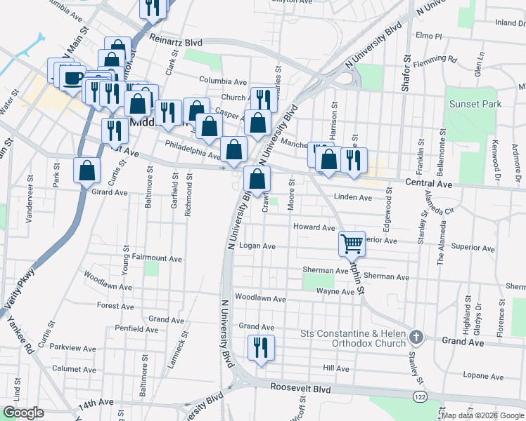 map of restaurants, bars, coffee shops, grocery stores, and more near 101 Crawford Street in Middletown
