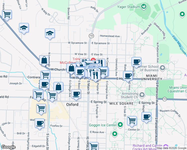 map of restaurants, bars, coffee shops, grocery stores, and more near 14 North Poplar Street in Oxford