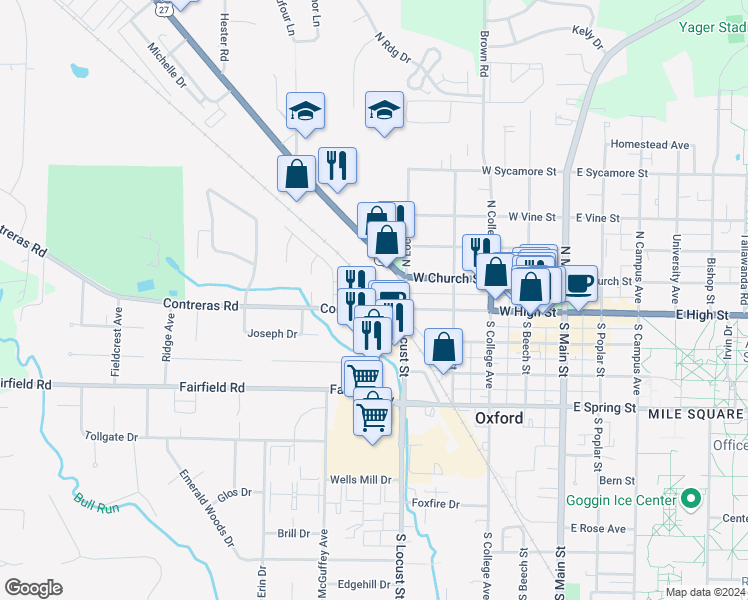 map of restaurants, bars, coffee shops, grocery stores, and more near 4965 College Corner Pike in Oxford