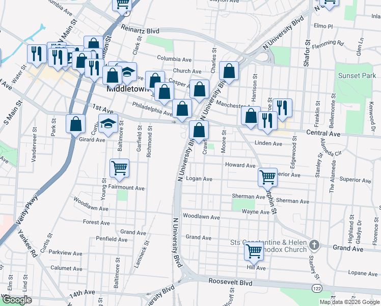 map of restaurants, bars, coffee shops, grocery stores, and more near 125 Manhattan Street in Middletown