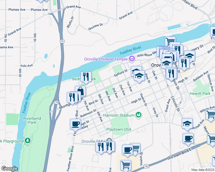 map of restaurants, bars, coffee shops, grocery stores, and more near 1048 Montgomery Street in Oroville