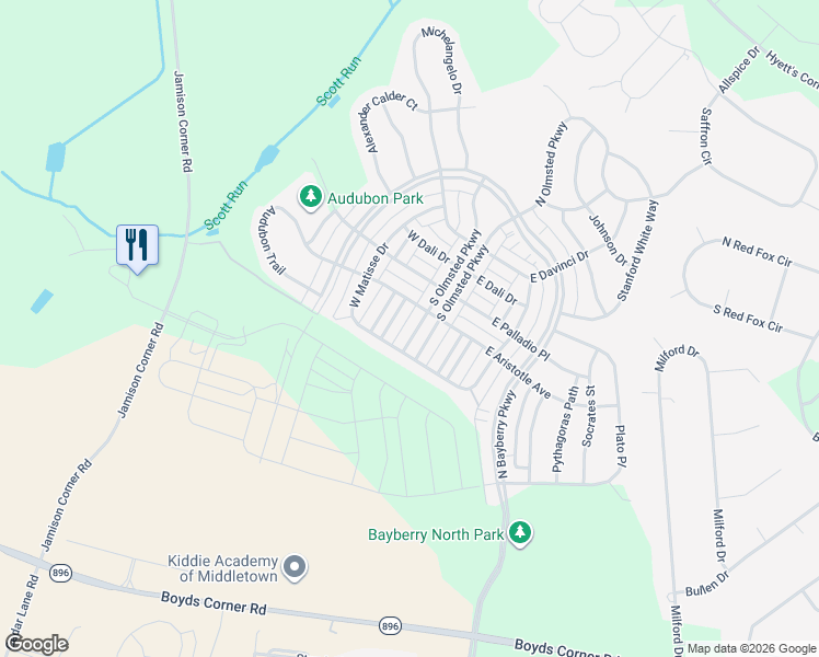 map of restaurants, bars, coffee shops, grocery stores, and more near 2220 South OKeeffe Lane in Middletown