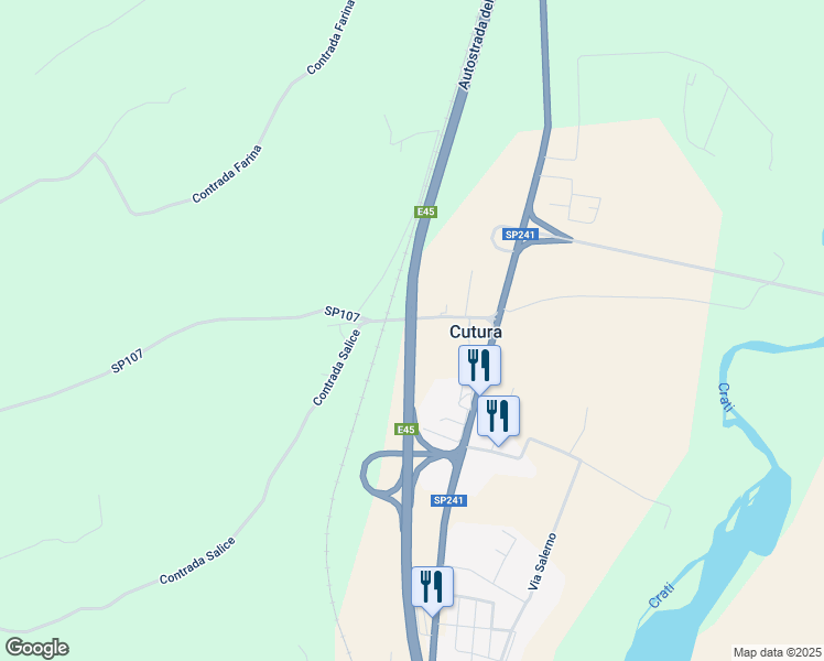 map of restaurants, bars, coffee shops, grocery stores, and more near Autostrada del Mediterraneo in Cutura