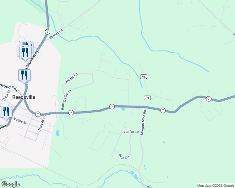 map of restaurants, bars, coffee shops, grocery stores, and more near 44 Sunset Dr in Reedsville