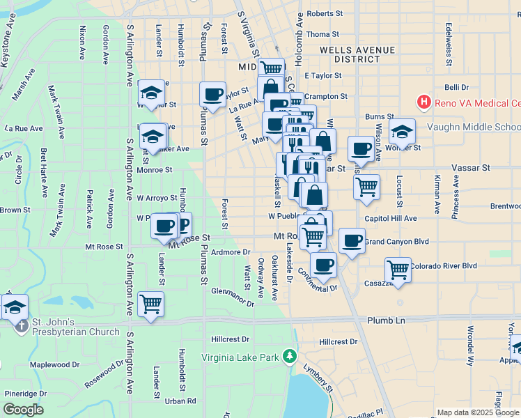 map of restaurants, bars, coffee shops, grocery stores, and more near 247 West Pueblo Street in Reno