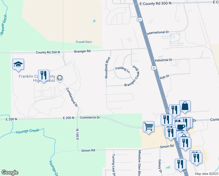 map of restaurants, bars, coffee shops, grocery stores, and more near 2603 Branigan Creek Boulevard in Franklin