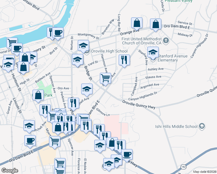 map of restaurants, bars, coffee shops, grocery stores, and more near Oro Dam Boulevard East in Oroville