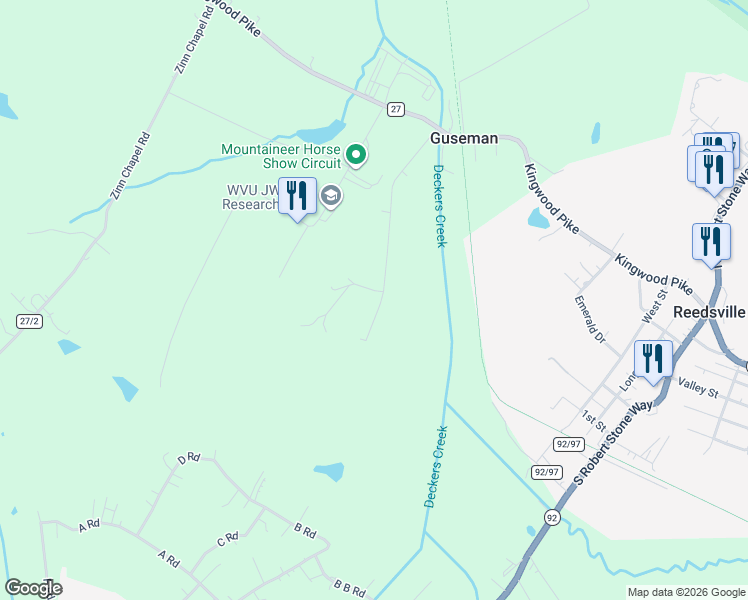 map of restaurants, bars, coffee shops, grocery stores, and more near 425 Sunny Brook Road in Reedsville