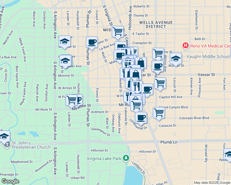 map of restaurants, bars, coffee shops, grocery stores, and more near 2 West Arroyo Street in Reno