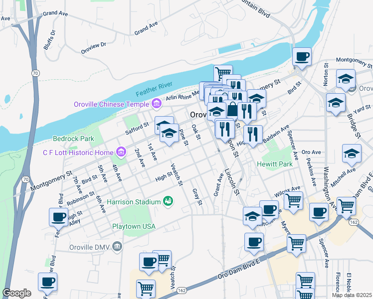 map of restaurants, bars, coffee shops, grocery stores, and more near 1584 Robinson Street in Oroville