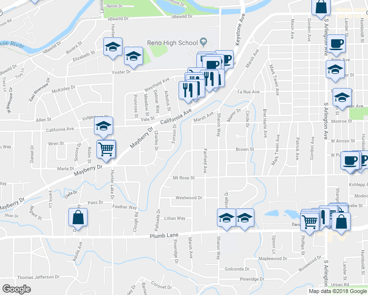 map of restaurants, bars, coffee shops, grocery stores, and more near 1235 Palisade Drive in Reno