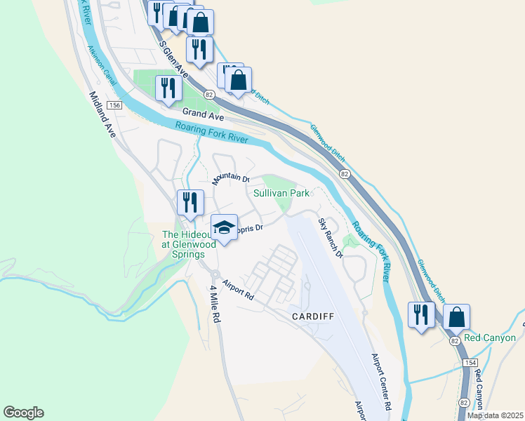 map of restaurants, bars, coffee shops, grocery stores, and more near 3728 Old Lodge Road in Glenwood Springs
