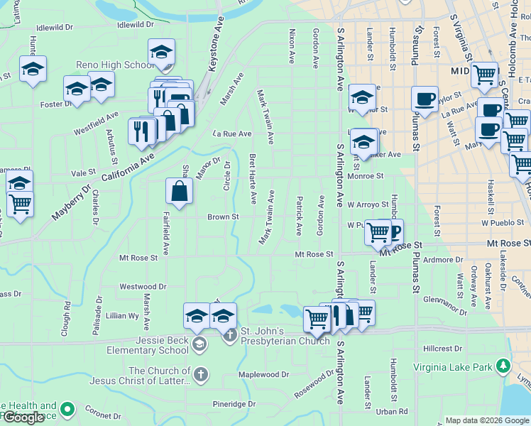 map of restaurants, bars, coffee shops, grocery stores, and more near 1275 Mark Twain Avenue in Reno