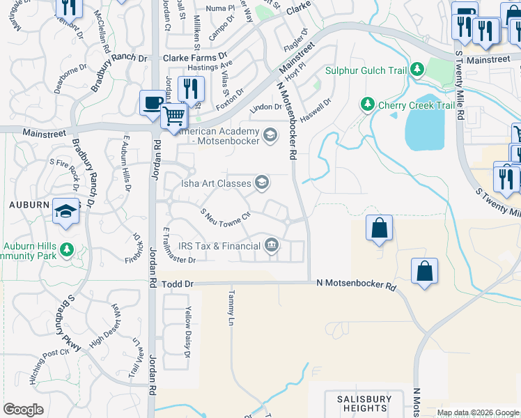 map of restaurants, bars, coffee shops, grocery stores, and more near 17492 East Neu Towne Parkway in Parker