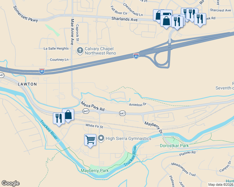 map of restaurants, bars, coffee shops, grocery stores, and more near 8102 Leroy Street in Reno