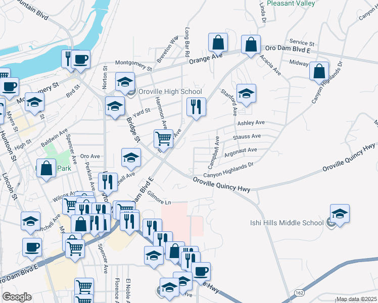 map of restaurants, bars, coffee shops, grocery stores, and more near Eucalyptus Avenue in Oroville