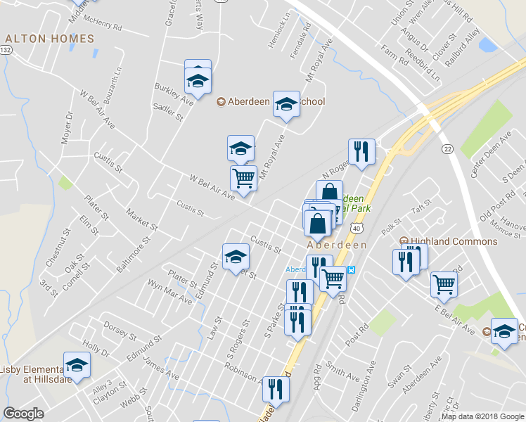 map of restaurants, bars, coffee shops, grocery stores, and more near 307 West Bel Air Avenue in Aberdeen