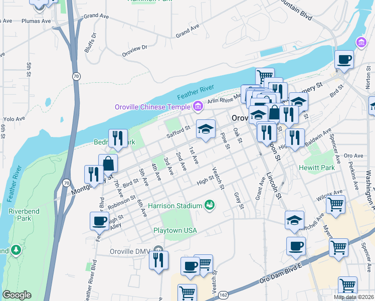 map of restaurants, bars, coffee shops, grocery stores, and more near in Oroville