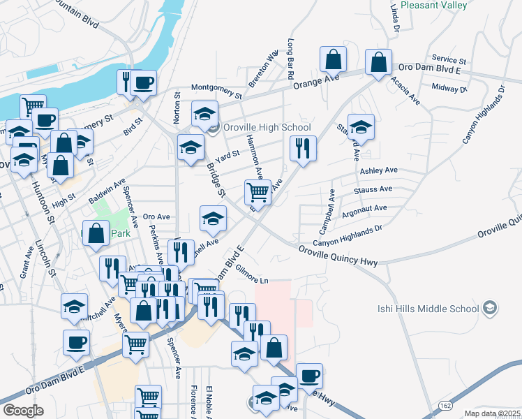 map of restaurants, bars, coffee shops, grocery stores, and more near 2990 Oro Dam Boulevard East in Oroville