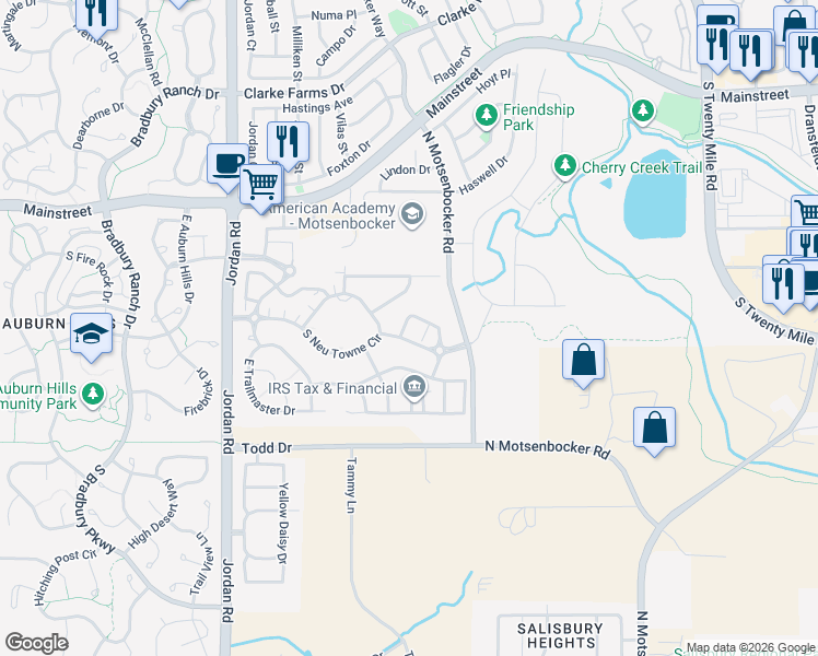 map of restaurants, bars, coffee shops, grocery stores, and more near 17492 East Neu Towne Parkway in Parker