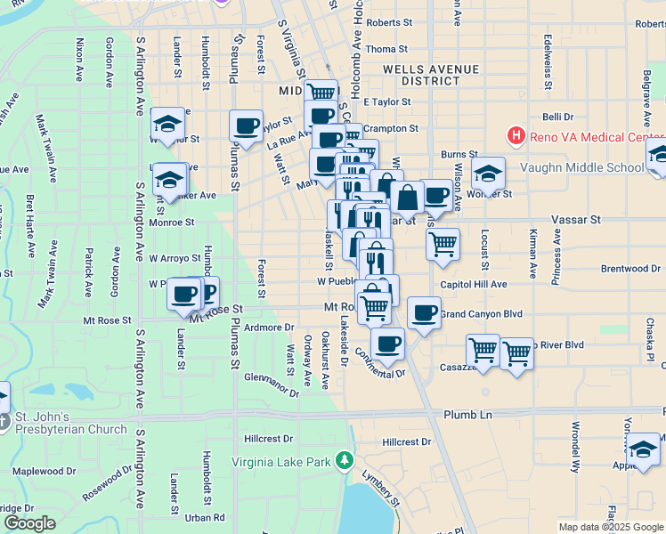 map of restaurants, bars, coffee shops, grocery stores, and more near 1350 Haskell Street in Reno