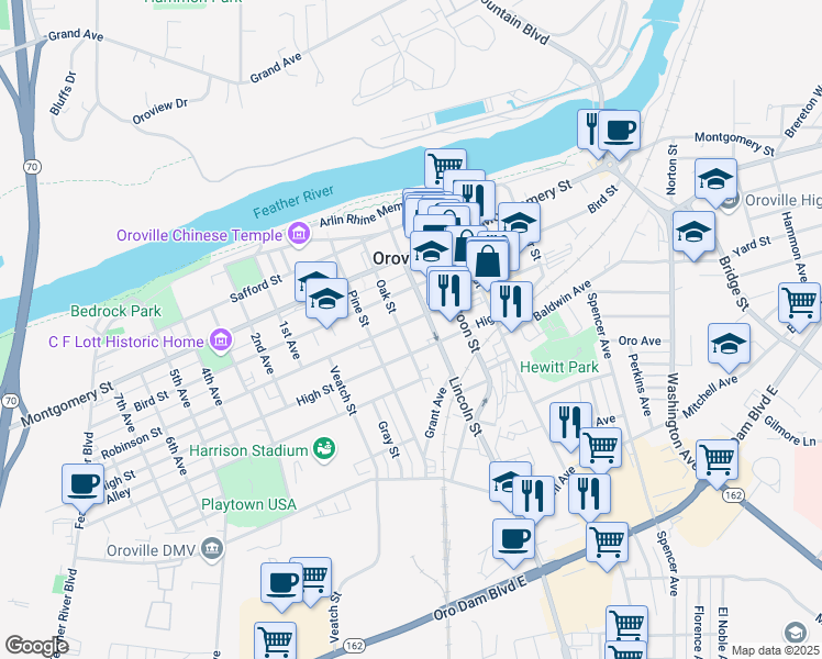 map of restaurants, bars, coffee shops, grocery stores, and more near 1735 Robinson Street in Oroville